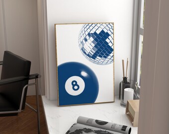 Blue Eight Ball Disco Print, Trendy Dorm Wall Art (Digital Download)