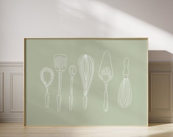 Sage Green Kitchen Utensils Print, Minimalist Kitchen Decor (Digital Download)