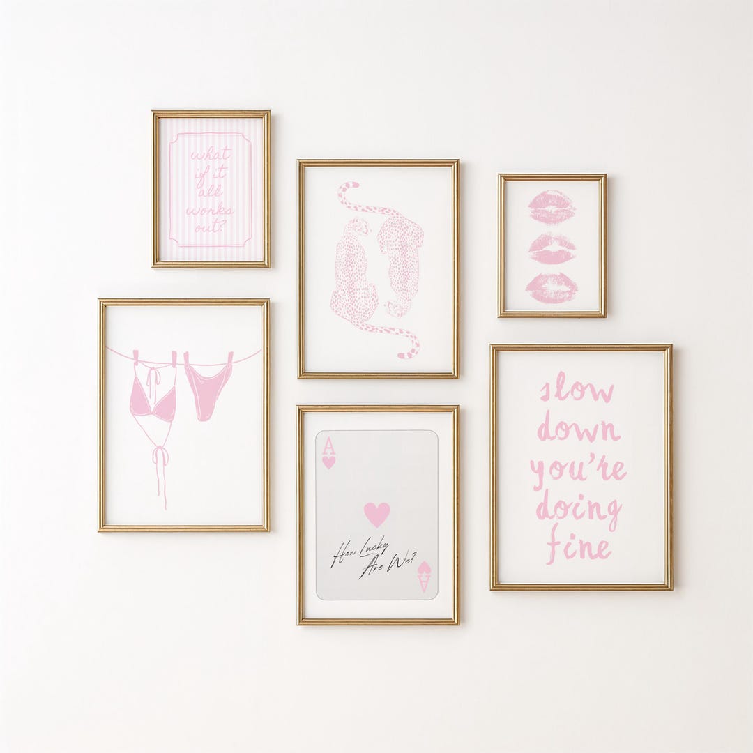 Trendy Pink Gallery Set of 6 Pink Dorm Wall Art Apartment Decor Preppy ...