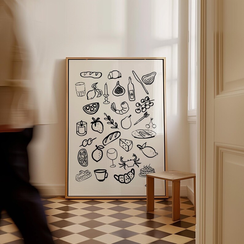 May include: A black and white illustration of various food items, including bread, fruit, wine, and cheese, printed on a white poster with a wooden frame.