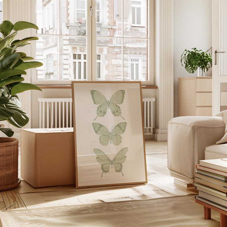 May include: A framed print featuring three green butterflies on a white background. The butterflies are arranged vertically, with the largest butterfly at the top and the smallest butterfly at the bottom. The frame is made of wood and has a light brown finish.