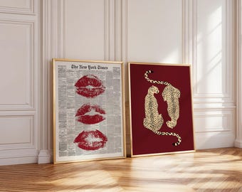 Retro Red Gallery Leopard Wall Art Set Of 2 Trendy Posters Y2K Fashion Decor Trendy Leopard Print Aesthetic Apartment Kiss Newspaper Poster