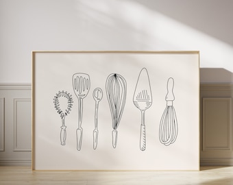 Kitchen Utensils Line Art Print, Minimalist Kitchen Decor (Digital Download)