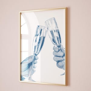 Blue Retro Cocktail Wall Art Vintage Champagne Bar Cart Prints Instant Digital Download Printable Poster Navy Blue Cute Vintage Aesthetic