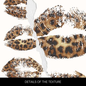 May include: Four brown and tan leopard print lip prints on a white background. The lip prints are arranged in a staggered pattern. The background is a torn piece of paper.