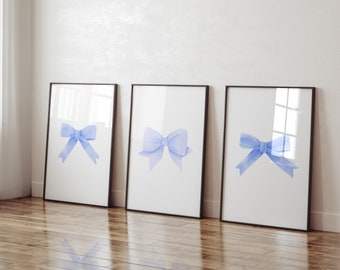 Bows Wall Art Blue Wall Art Girly Print Trendy Art Print Aesthetic Poster Bow Wall Art Set Of 3 Gallery Trendy Digital Print Preppy Dorm