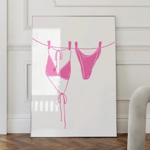 Pink Bikini On Clothesline Print College Apartment Decor Coastal Beachy Dorm Room Posters Trendy Beach House Wall Art Girly Aesthetic Prints