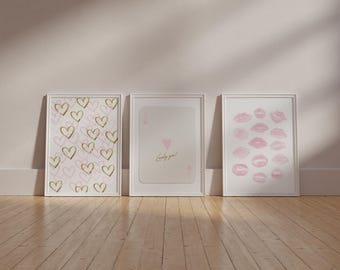 Pink Gallery Wall Art Set Of 3 | Kiss Lips , Ace Card, Hearts Print (Digital Download)