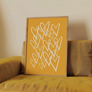 Mustard Yellow Print Grafitti Hearts Wall Art Yellow Art Prints Trendy Digital Prints Preppy Dorm Decor Trendy Art Prints Funky Print