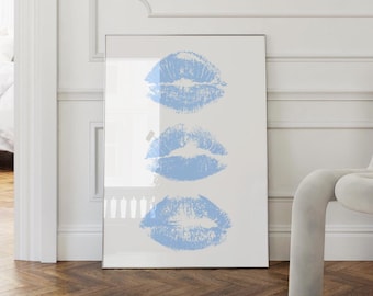 Blue Art Prints Kiss Lips Wall Art Trendy Wall Art Lips Print Preppy Dorm Digital Download Fashion Wall Art Aesthetic Wall Art Printable