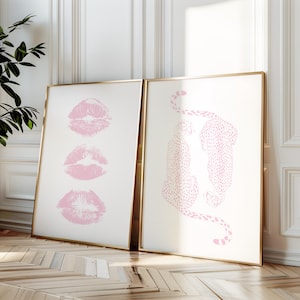 Pink Cheetah Wall Print Trendy Pink Gallery Set Of 2 Kiss Lips Wall Art Apartment Decor Preppy Room Decor College Dorm Leopard Poster Girly