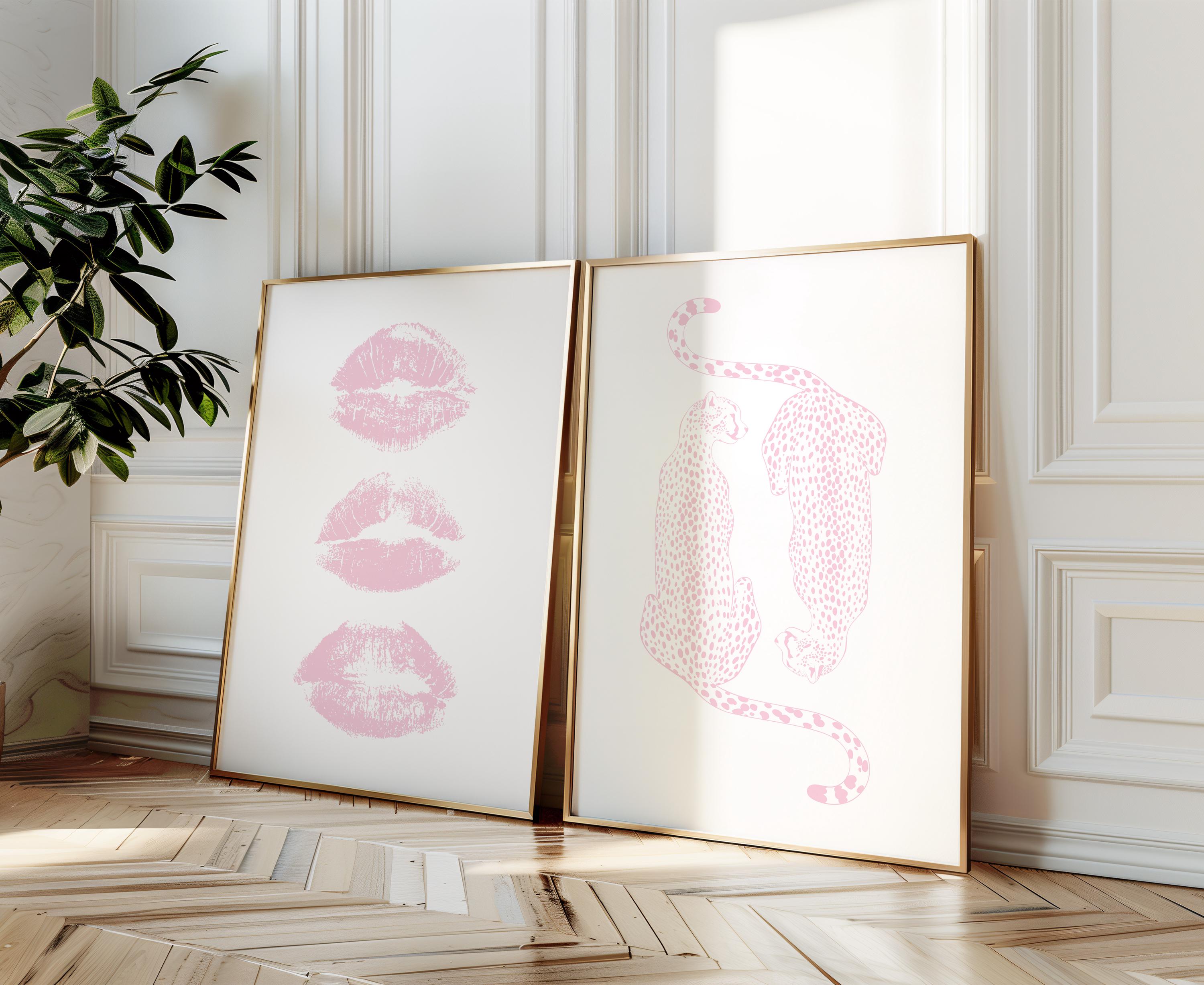 Pink Cheetah Wall Print Trendy Pink Gallery Set Of 2 Kiss Lips Wall Art Apartment Decor Preppy Room Decor College Dorm Leopard Poster Girly