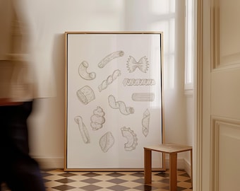 Beige Pasta Sketch Art Print, Trendy Kitchen Wall Decor (Digital Download)