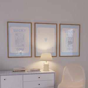 Light Blue Lucky You Print Set of 3 Preppy Wall Art Trendy Retro Wall Art Set Light Blue Ace Card Poster Dorm Digital Download Aesthetic Art