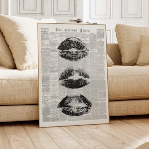 Trendy Wall Art Newspaper Art Prints Black And White Poster Aesthetic Room Decor Vintage Retro Poster Girly Wall Art Kiss Lips Wall Art Dorm