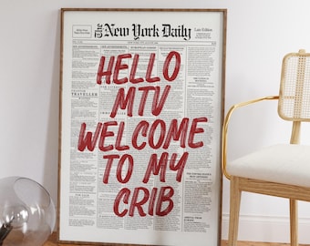 Hello MTV Newspaper Print | 70s Retro Typography Art | Red Poster (Digital Download)