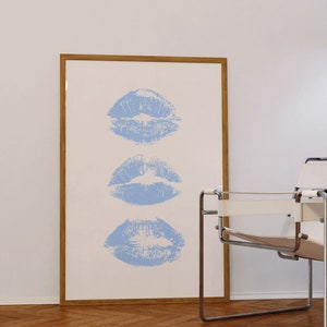 Blue Art Prints Kiss Lips Wall Art Trendy Wall Art Lips Print Preppy Dorm Digital Download Fashion Wall Art Aesthetic Wall Art Printable image 1