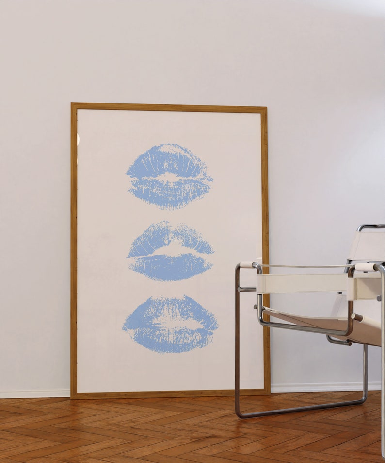 Blue Art Prints Kiss Lips Wall Art Trendy Wall Art Lips Print Preppy Dorm Digital Download Fashion Wall Art Aesthetic Wall Art Printable image 1