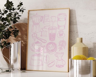 Pink Coffee Bar Art Print, Trendy Kitchen Poster (Digital Download)