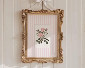 Pink Flower Art Print, Stripes Wall Art,  Cottage Core Room Decor, Coquette, Coastal Granddaughter (Digital Download)