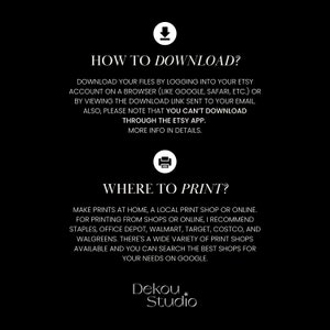 Puede incluir: Texto en blanco y negro sobre fondo negro con instrucciones sobre c&oacute;mo descargar e imprimir archivos digitales. El texto incluye las palabras "&iquest;C&oacute;mo descargar?" y "&iquest;D&oacute;nde imprimir?"