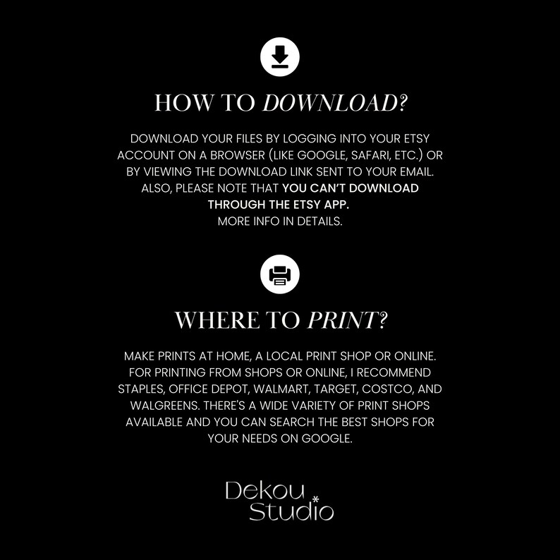 Puede incluir: Texto en blanco y negro sobre fondo negro con instrucciones sobre c&oacute;mo descargar e imprimir archivos digitales. El texto incluye las palabras "&iquest;C&oacute;mo descargar?" y "&iquest;D&oacute;nde imprimir?"