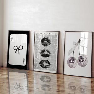 Black White Prints Aesthetic Room Decor Art Trendy Gallery Wall Set Wall Set Of 3 Dorm Prints Preppy Digital Bow Wall Art Kiss Lips Wall Art