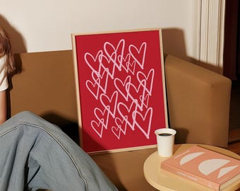 Red Hearts Graffiti Print, Trendy Girly Room Decor (Digital Download)