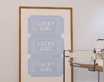 Blue Lucky Girl Ticket Wall Art, Trendy Dorm Print (Digital Download)