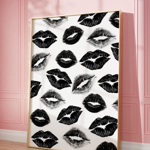 Trendy Wall Art Black And White Wall Art Aesthetic Room Decor Vintage Retro Poster Girly Wall Art Kiss Lips Wall Art Dorm Cool Apartment Art