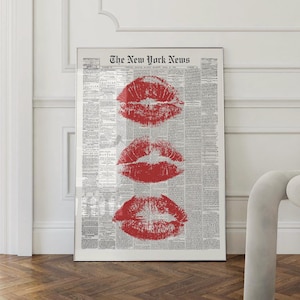 Trendy Wall Art Newspaper Art Prints Red Wall Art Aesthetic Room Decor Vintage Retro Poster Girly Wall Art Kiss Lips Wall Art Dorm Printable