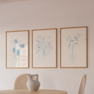 Blue Art Prints Flower Wall Art Trendy Poster Set Of 3 Trendy Digital Print Dorm Decor Trendy Art Prints Flower Bouquet Art Print Farm House