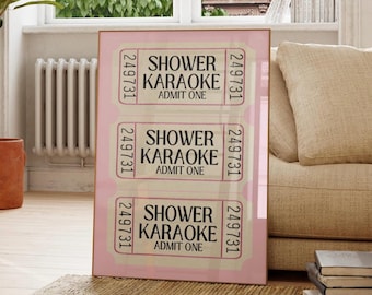 Shower Karaoke Ticket Print | Pink Retro Bathroom Art (Digital Download)