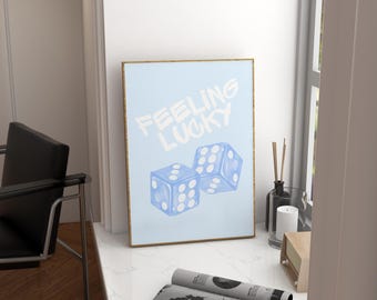 Feeling Lucky Dice Art Print, Light Blue Retro Poster (Digital Print)