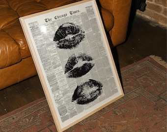 Trendy Wall Art Newspaper Art Prints Black And White Poster Aesthetic Room Decor Vintage Retro Poster Girly Wall Art Kiss Lips Wall Art Dorm