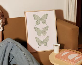 Sage Green Butterfly Print, Trendy Dorm Wall Art (Digital Prints)