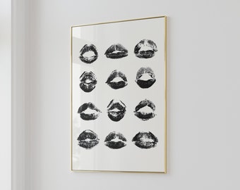 Kiss Lips Black & White Print, Trendy Fashion Wall Art (Digital Download)