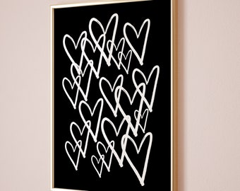Black and White Hearts Wall Art, Trendy Aesthetic Print (Digital Download)