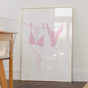 Pink Bikini On Clothesline Print College Apartment Decor Coastal Beachy Dorm Room Posters Trendy Beach House Wall Art Girly Aesthetic Prints