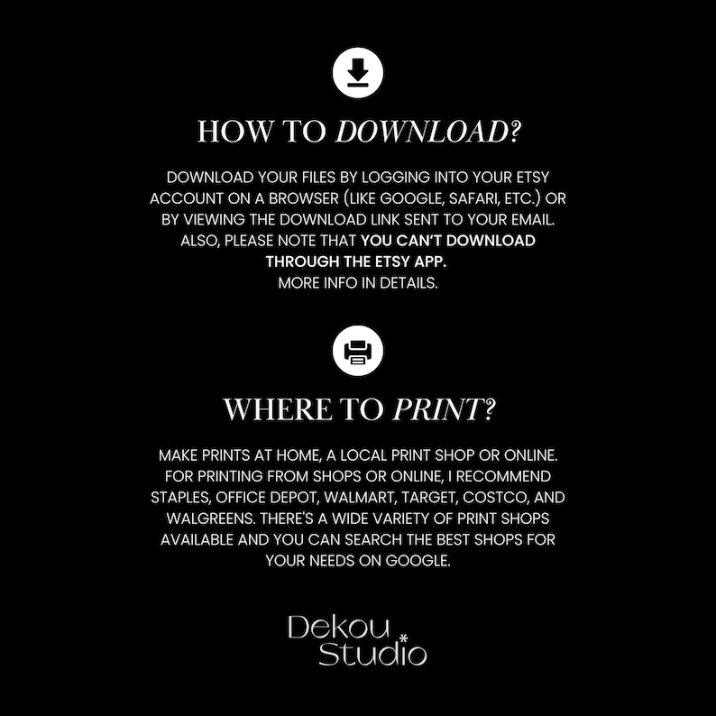 May include: Black and white text on a black background with instructions on how to download and print digital files. The text includes the words "How to Download?" and "Where to Print?"