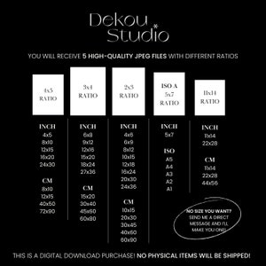 Puede incluir: Gr&aacute;fico de descarga digital con proporciones y dimensiones en pulgadas y cent&iacute;metros. Incluye proporciones 4x5, 3x4, 2x3, ISO A y 11x14. El texto dice "Recibir&aacute;s 5 archivos JPEG de alta calidad."