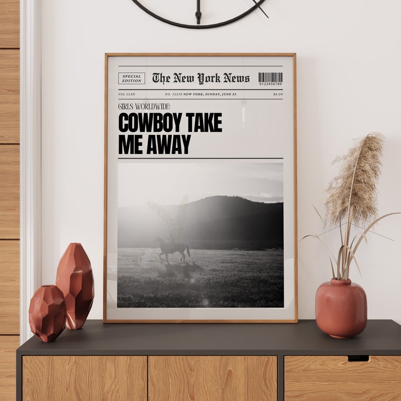 May include: A black and white newspaper clipping with the headline "GIRLS WORLDWIDE: COWBOY TAKE ME AWAY". The image shows a person riding a horse in a field.