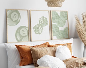 Green Wall Art Set | Trendy Dice, 8-Ball, Disco Prints (Digital Download)
