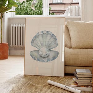 May include: A watercolor painting of a blue seashell with a pearl inside. The shell is open and the pearl is in the center of the shell.