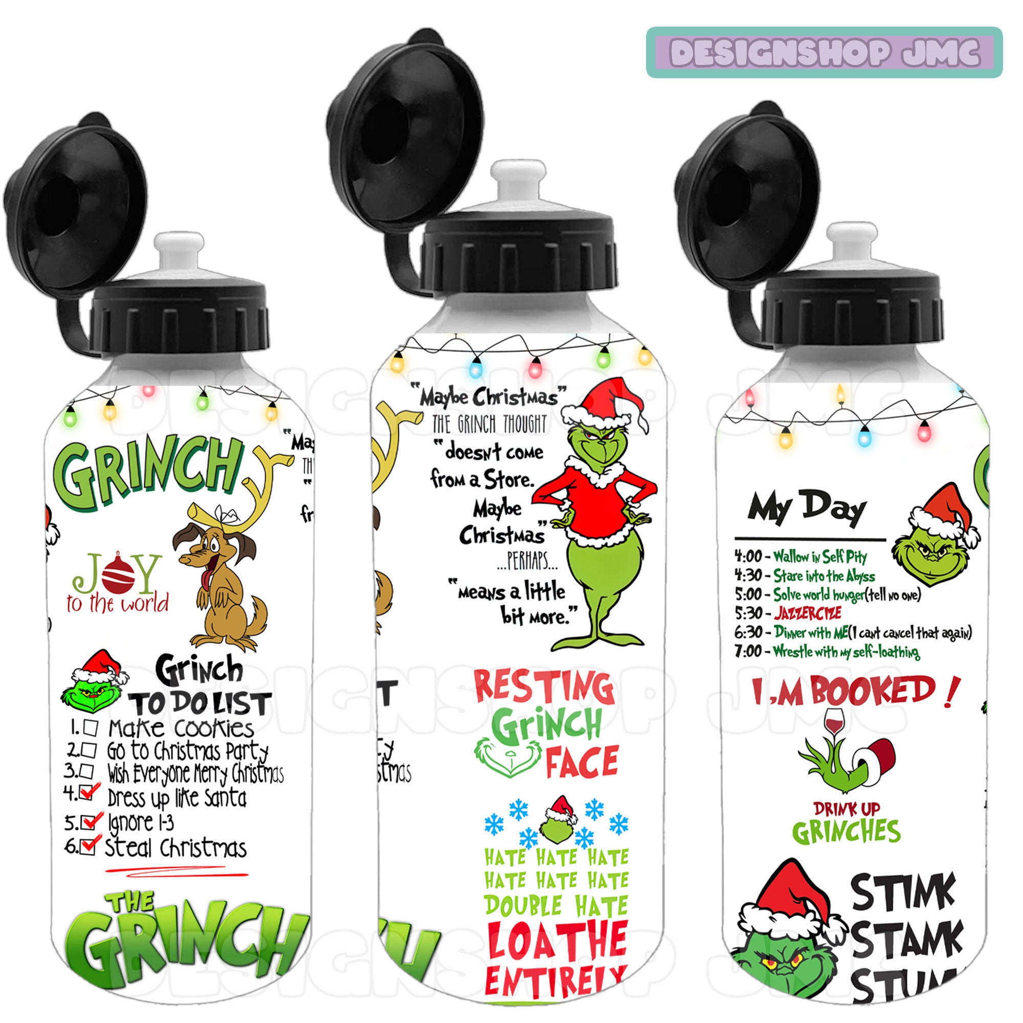 Personalised Grinch Water Drinks Bottle Spout & Screw Cap Christmas Gift  for Children, Back to School, Parties, Birthdays 500 or 600ml 