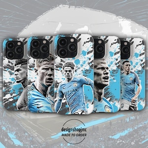 Colección de fundas para teléfono con el equipo de fútbol del Manchester City que se adapta a Apple iPhone, Samsung Galaxy y Google Pixel (5 diseños de jugadores con ilustraciones de fans)