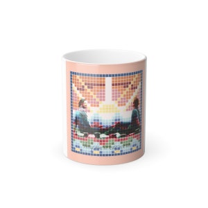 May include: White ceramic mug with a pixelated image of two people sitting on a bench. The background is a colorful mosaic of squares. The text "Treat him as who you are" is printed on the bottom of the mug.