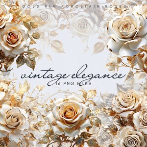 Vintage Floral Clipart Bundle - Delicate Golden Rim Porcelain Roses Graphics - Wedding Clipart