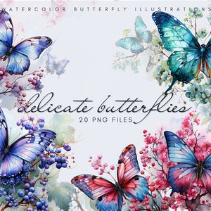 Delicate Butterflies - Watercolor Butterfly Clipart Bundle - Instant Download - PNG