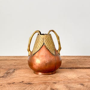 Puede incluir: Un jarrón de cobre con detalles de latón. El jarrón tiene un cuerpo bulboso y dos asas arqueadas. La parte superior del jarrón está adornada con detalles de latón en forma de hoja. El jarrón se exhibe sobre una superficie de madera.